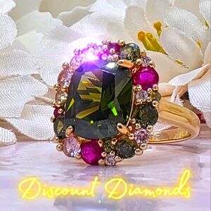 Emerald Cut Peridot, Pink Sapphire, Garnet & Peridot Accents 14K Gold on 925